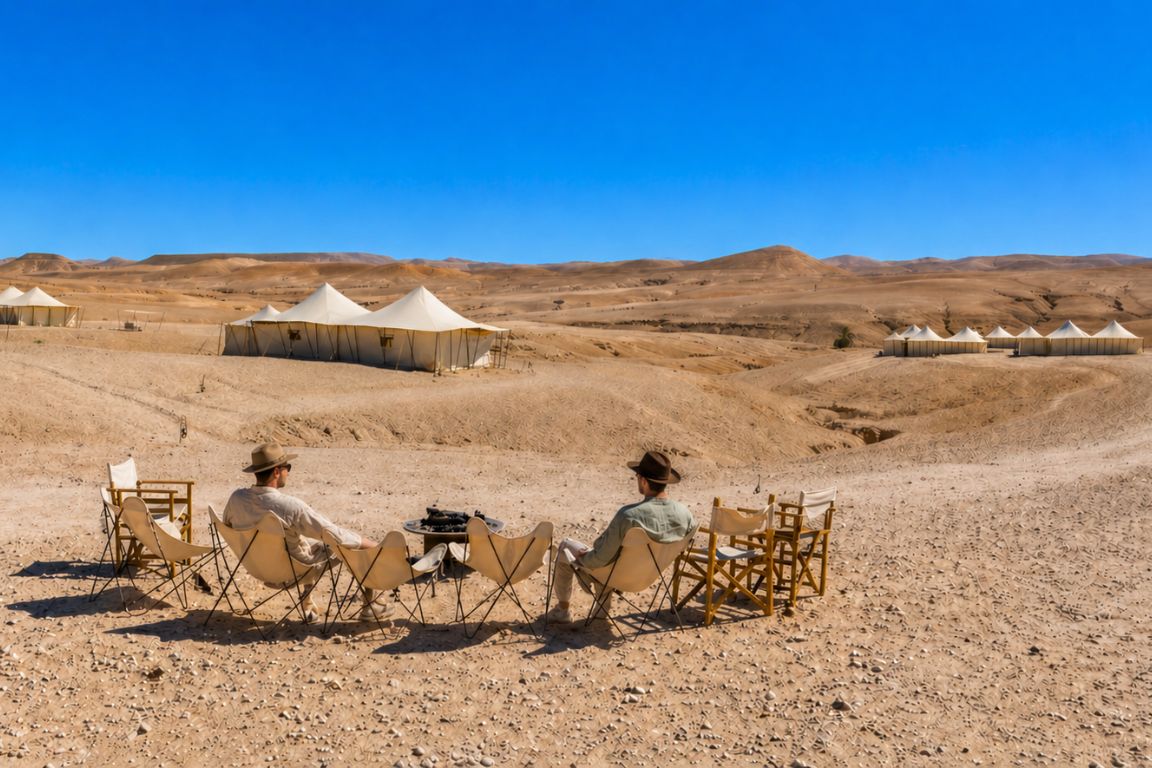 Desert camp in Agafay with seating area and expansive arid terrain explored during a Marrakech Desert Tours tour with our agency