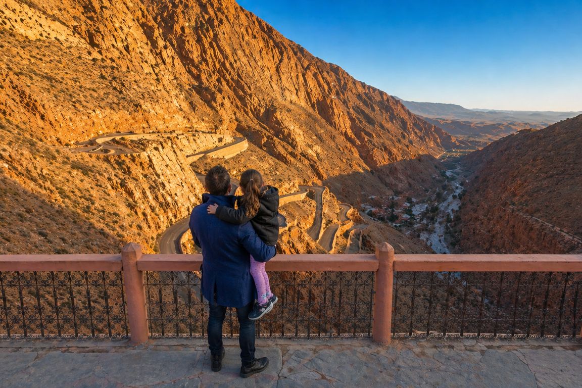 Father and child admiring panoramic views of Dades Valley and rocky mountains during a Marrakech Desert Tours journey with our agency