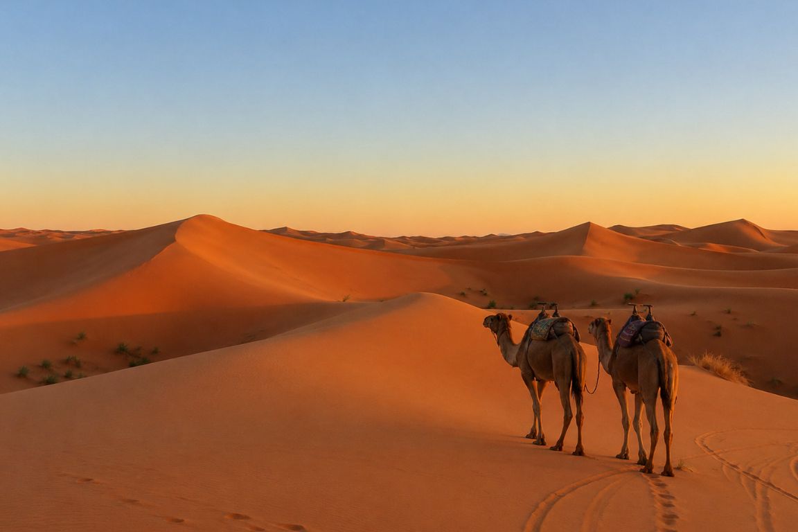 Golden sand dunes of Erg Chebbi with camels trekking at sunset captured during a Marrakech Desert Tours guided experience with our agency