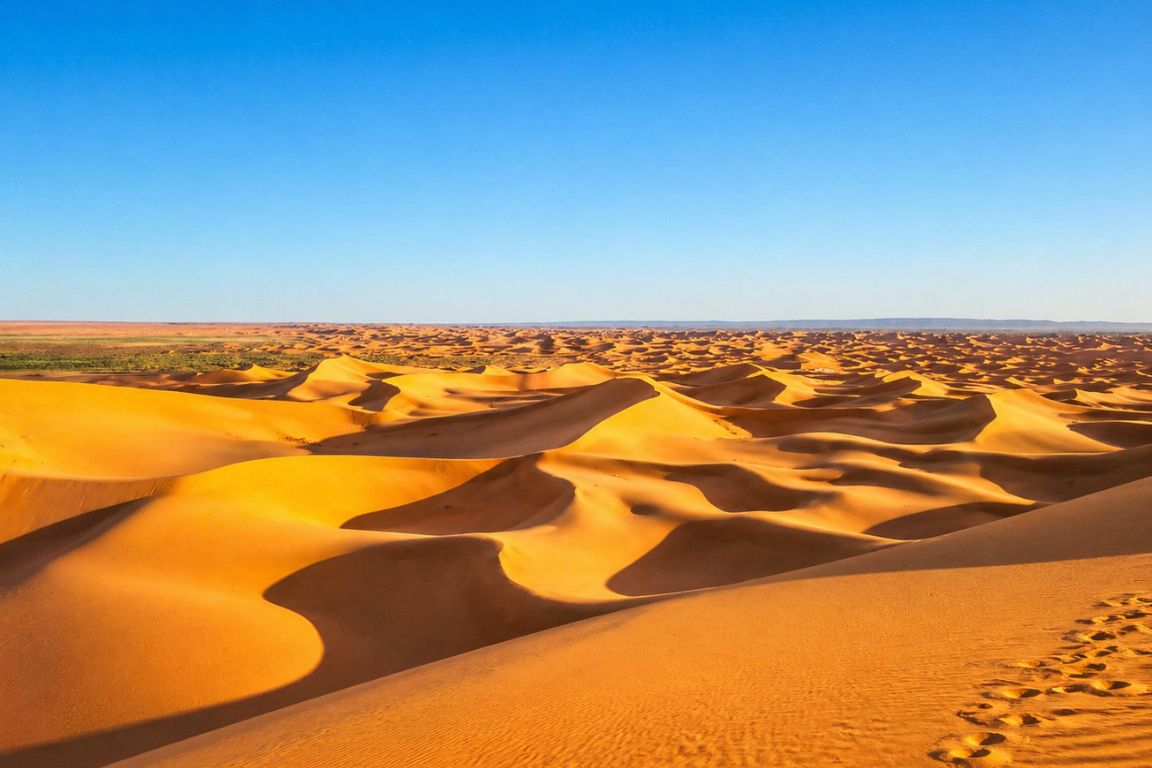Panoramic view of Erg Chigaga desert landscape with rolling dunes seen during a Marrakech Desert Tours tour with our agency