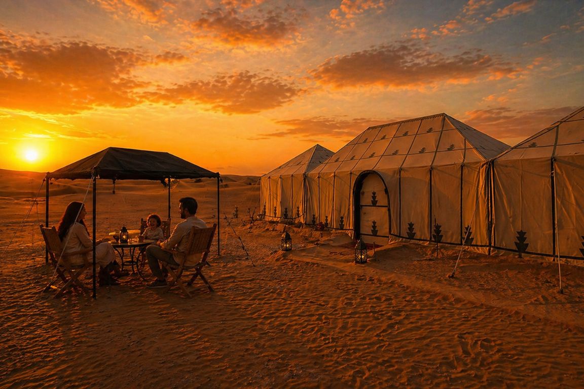 Golden hour at a luxury desert camp with guests seated under a canopy near tents during a Marrakech Desert Tours journey with our agency