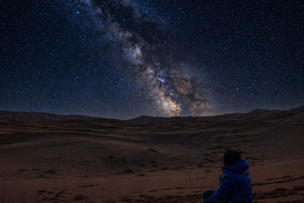 Milky Way galaxy over Sahara desert dunes at night viewed during a Marrakech Desert Tours experience with our agency