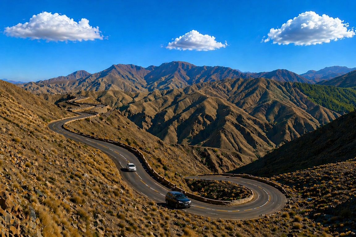Curving mountain highway cutting through rocky terrain at Tizi n Tichka Pass during a Marrakech Desert Tours adventure with our agency
