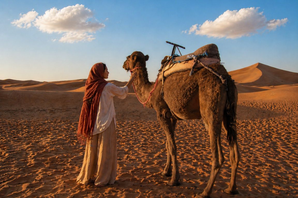 Woman in traditional clothing standing beside a camel in the Sahara dunes during a Marrakech Desert Tours experience with our agency