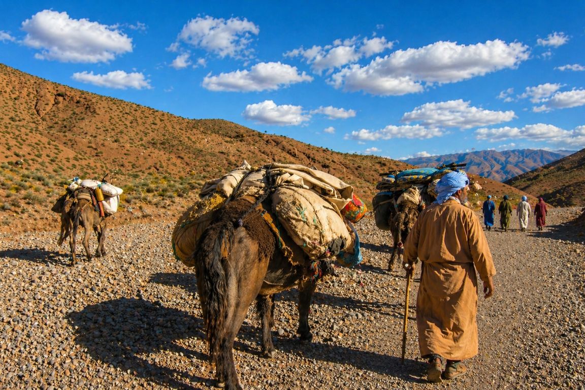 Nomadic Berber families walking with pack mules through Atlas foothills during a Marrakech Desert Tours cultural experience with our agency